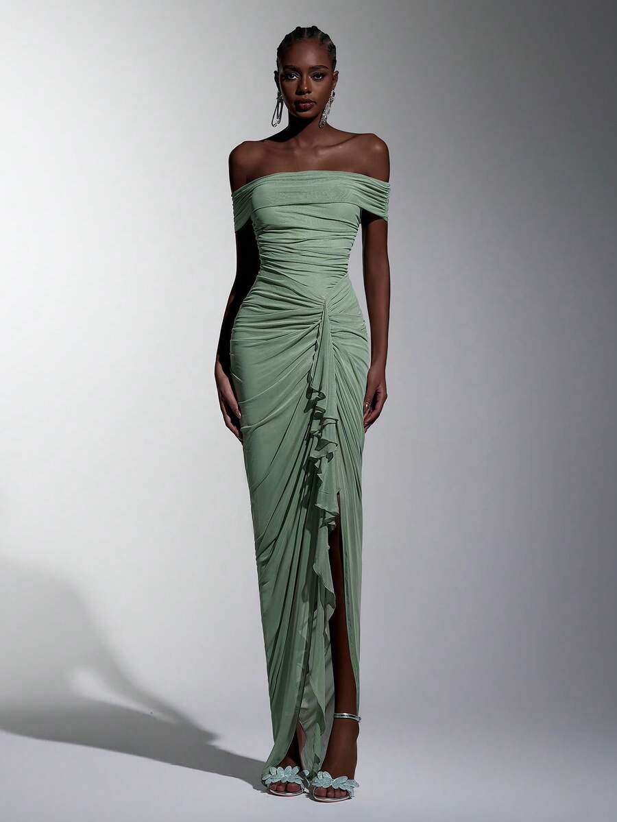 women's green dress for wedding guest Elegant Sage Off-Shoulder with Slit: Perfect – ELVARA green summer wedding guest dress