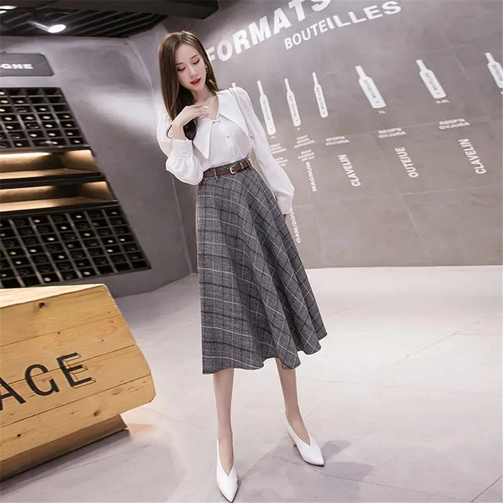 Autumn Winter Warm Vintage Plaid Midi Skirt Women Korean High-Waisted A-Line Skirt Temperament Umbrella Long Skirt With Belt