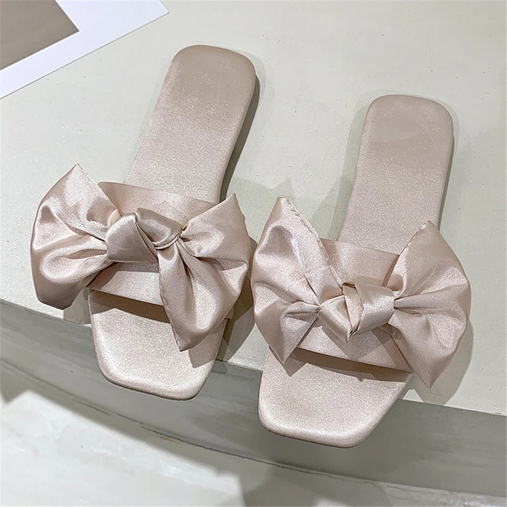 New Fashion Satins Wedding Slippers Luxury Women Peep Toe Bedroom Home Sandals Bride Bridesmaid Wedding Shoes With Silk Bow