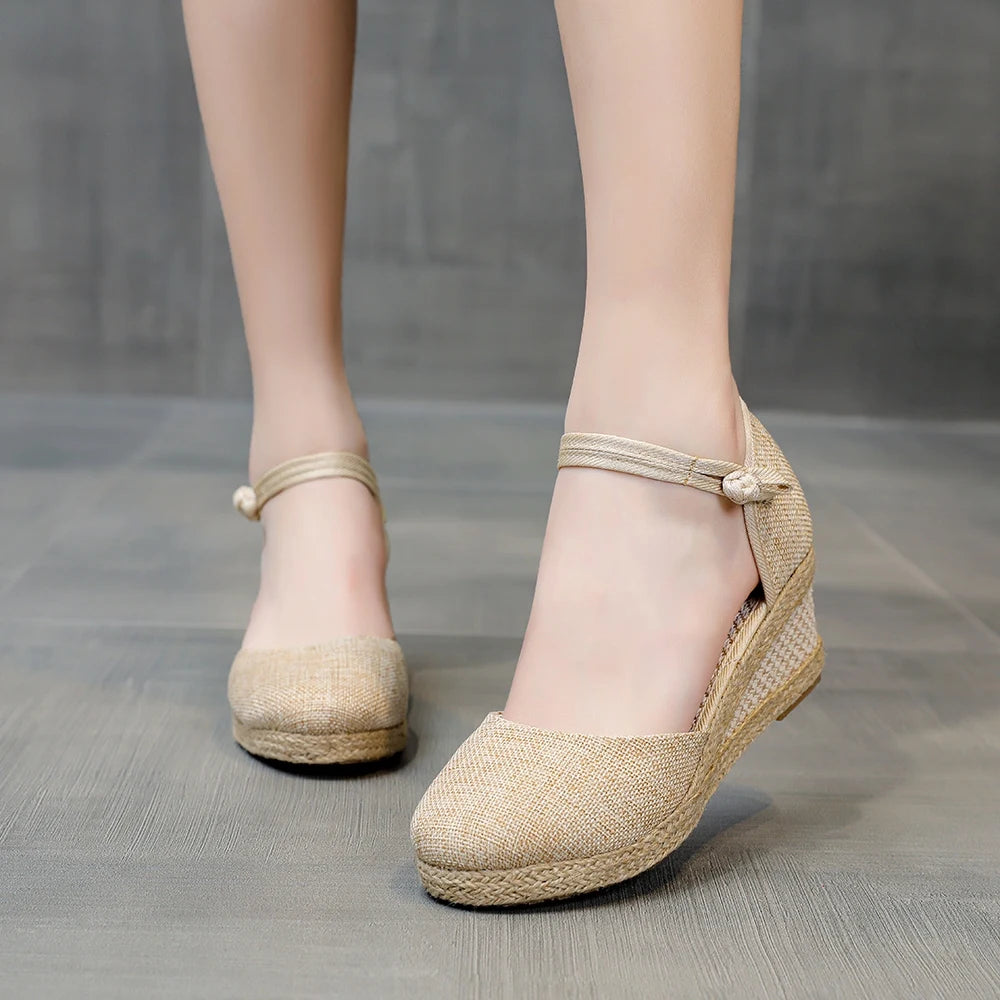Veowalk Summer Women Linen Plain 6cm Wedge Sandals Bohemian Handmade Ladies Casual Comfortable Espadrilles Platform Pumps Shoes