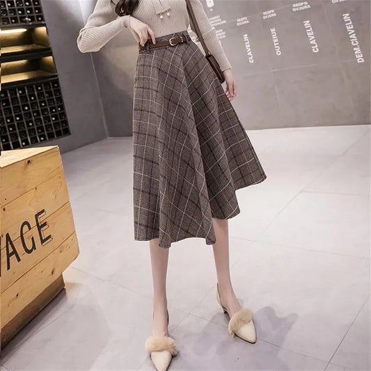 Autumn Winter Warm Vintage Plaid Midi Skirt Women Korean High-Waisted A-Line Skirt Temperament Umbrella Long Skirt With Belt