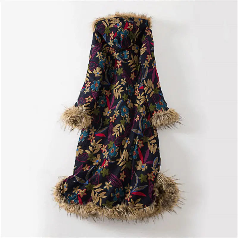 Women's Ethnic Style Winter Coat with Fur Collar - Long Vintage Cotton Jacket, Cotton Linen Windbreaker, Dust Coat (f1859)