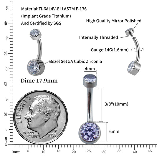 Right Grand ASTM F136 Titanium Belly Button Clear Zircon Bezel Piercing 14G Internally Threaded Navel Ring Body Jewelry
