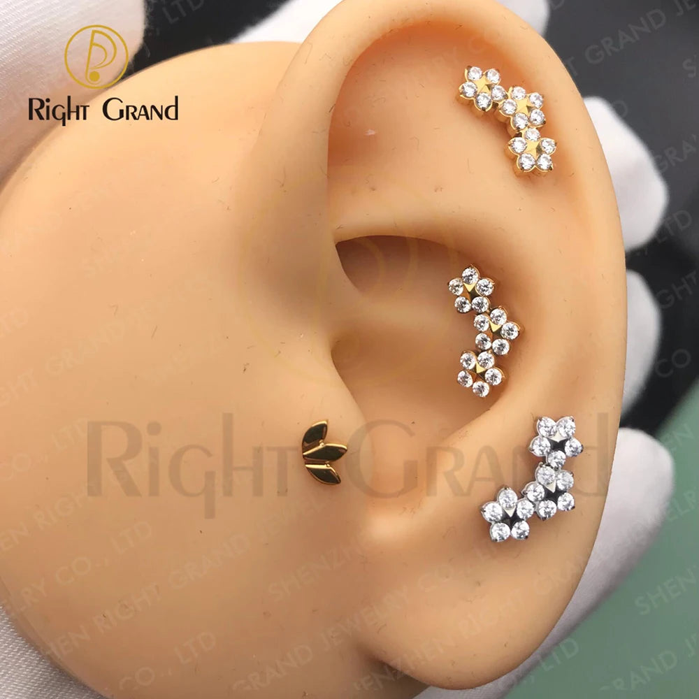 Right Grand ASTM F136 Titanium Triple CZ Flower Cluster Labret Internally Threaded Trinity Floral for Tragus Monroe Cartilage