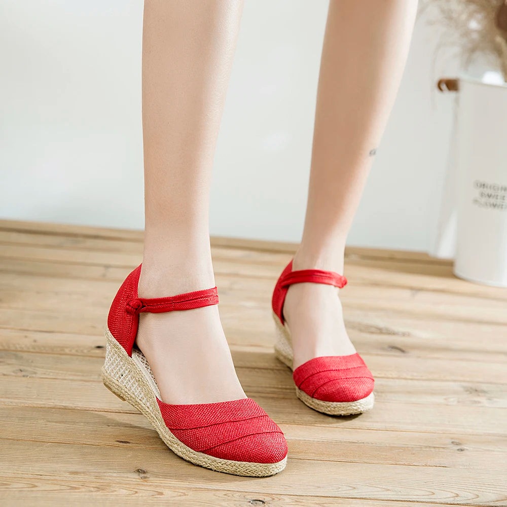 Veowalk Patchwork Handmade Women Plain Linen Sandals Wedge Espadrilles 6cm Platforms Bohemian Shoes Women Ladies Summer Pumps