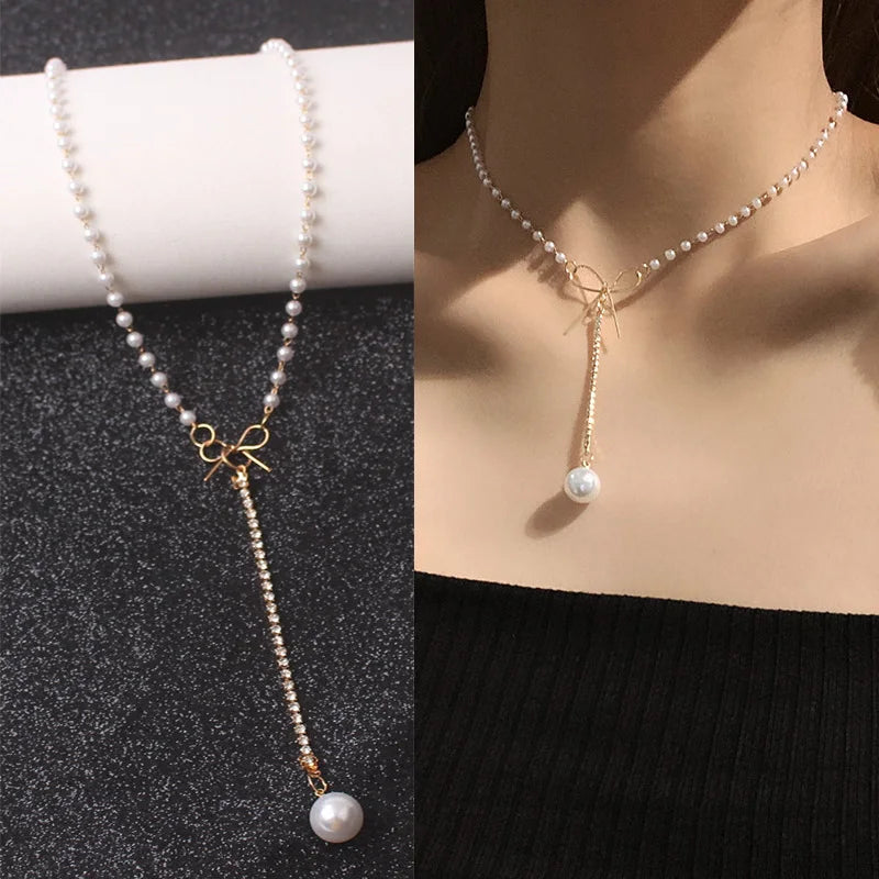 New Korean Pearl Necklaces for Women Gold Color Link Chain Choker Fashion Neck Accessories Elegant Collar Bijoux Femme
