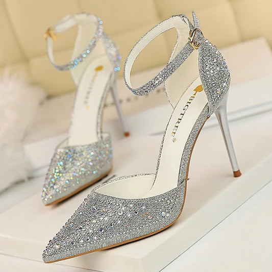 BIGTREE Shoes Shiny Rhinestones High Heels Ladies Shoes Women Pumps Stiletto Sweet Women Heels Wedding Shoes Women Sandals 10 Cm