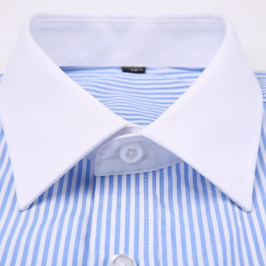 Men's Classic French Cuffs Striped Dress Shirt Single Patch Pocket Standard-fit Long Sleeve Wedding Shirts (Cufflink Included)
