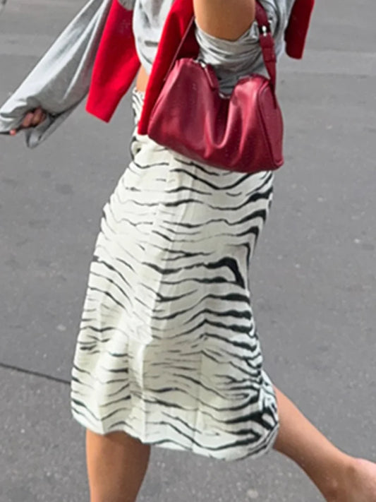 Chic Women Black White Zebra Print Midi Pencil Skirt High Waist Front Split Straight Chic Streetwear 2026 Autumn Summer Bottoms