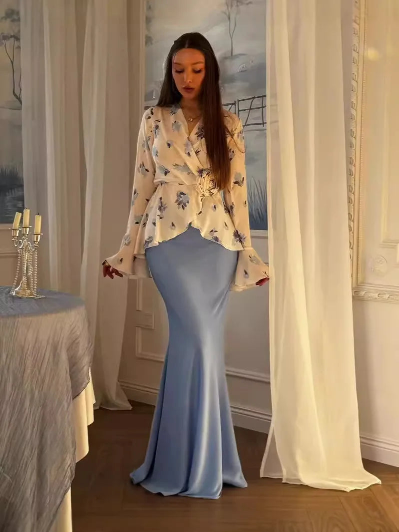 Women 2 Piece Set Muslim Blouse Skirt Flower Print Top Morocco Dubai Islam Outfits 2025 Arabic Elegant Ensemble Long Skirts Suit