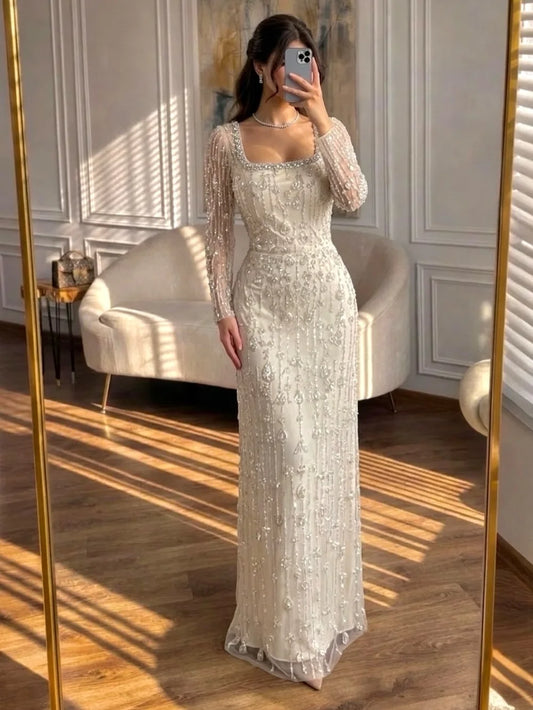 Aileen Elegant European Evening Dress Customized Ivory Tulle STRAIGHT Floor Length With Sequins Evening Dress Robes De