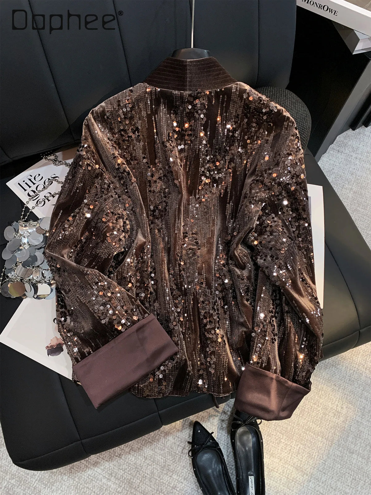 New Chinese Style Heavy Sequin Velvet Button Coat for Women Elegant V-Neck Slim Loose Slim Trendy High-End Coat Female