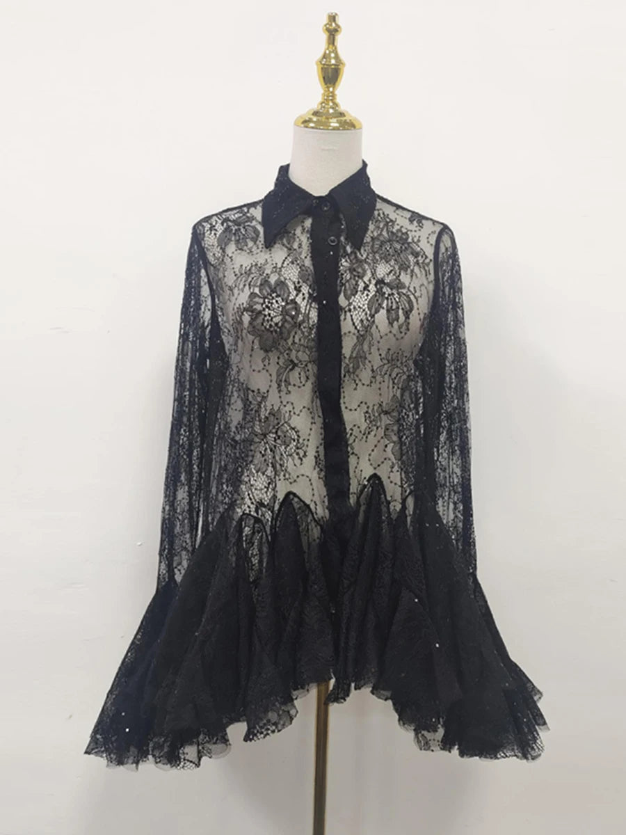 TWOTWINSTYLE Sheer Spliced Ruffles Folds Mini Dresses for Women Lapel Long Sleeves Patchwork Single Breasted Sexy Dress Female