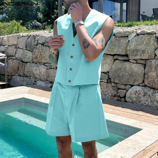 INCERUN Men Sets Solid Color V Neck Sleeveless Crop Vests & Shorts Two Pieces Sets Streetwear 2024 Fashion Men's Casual Suits