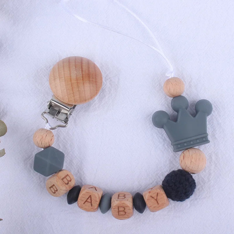 Handmade Beech Wood Baby Pacifier Chain Crown Silicone Beads Infant Appease Soother Clips Anti-Drop Dummy Holder Nipple Clip