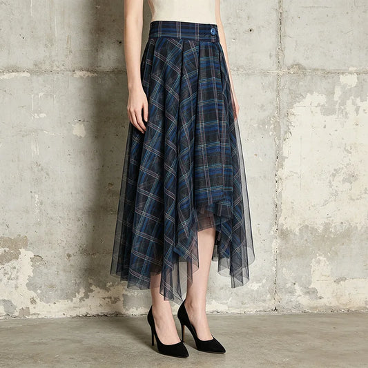 Women's High Waist Plaid Tulle Spliced Skirt Irregular Hem Design Sense Elegant Female Mid‑Length Skirts Office Party Faldas