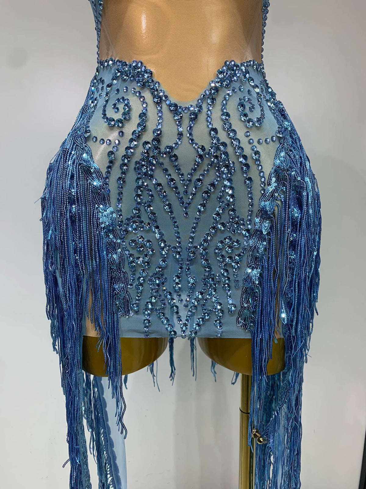 Sparkly Blue Rhinestone Tassel Mesh See Through Dress Pole Dancer Singer Outfit Women Sexy Evening Party Club Stage Costume