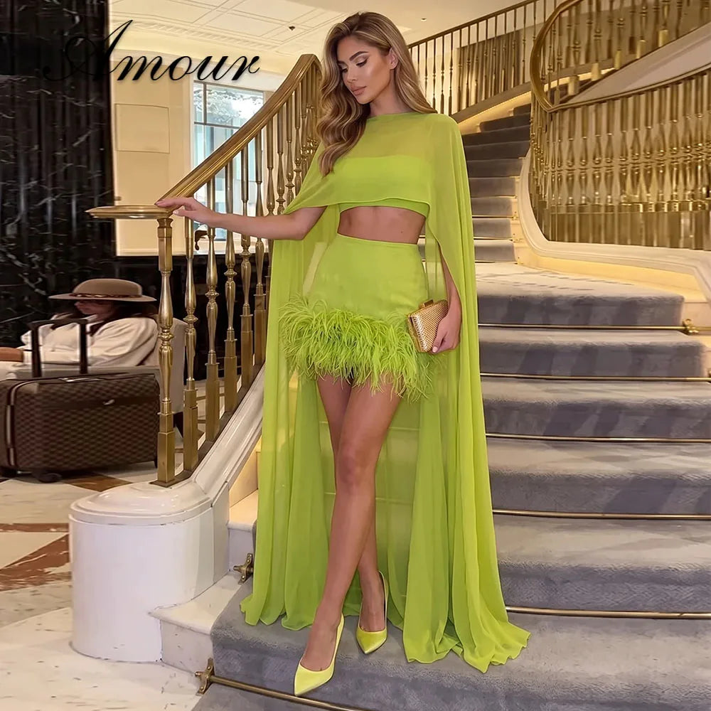 Amour Customized Green 2 Piece Set Chiffon Cape Top Feather Mini Skirt Two Piece Outfit For Party Club Night Prom Evening Gown