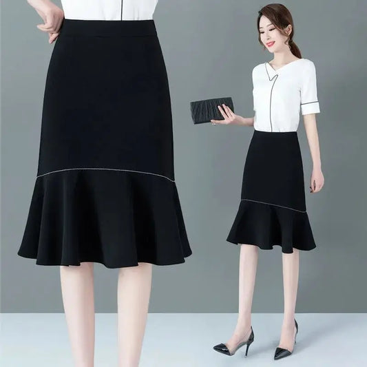 Simplicity Temperament Slim High Waist A-Line Skirt Summer Solid All-match Pleated Elegant Skirt Fashion Office Women Clothing