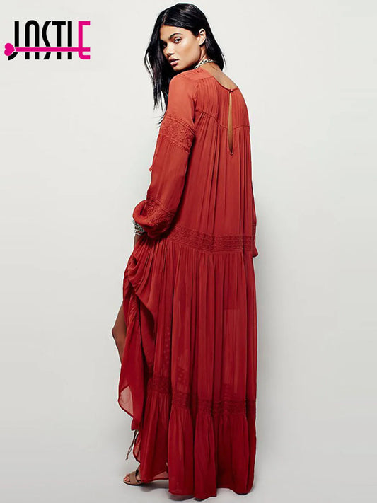 Jastie Women Dresses Elegant Ladies Vintage Long Sleeve Embroideried Orange Red Maxi Dress Vestidos Femininos Boho Style 2025
