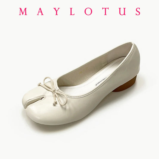 Split Toe 3cm Heel Tabi Shoes Slip On Leather Comfy Shoes Soft Bottom Solid Ladies Moccasins with Bowknot
