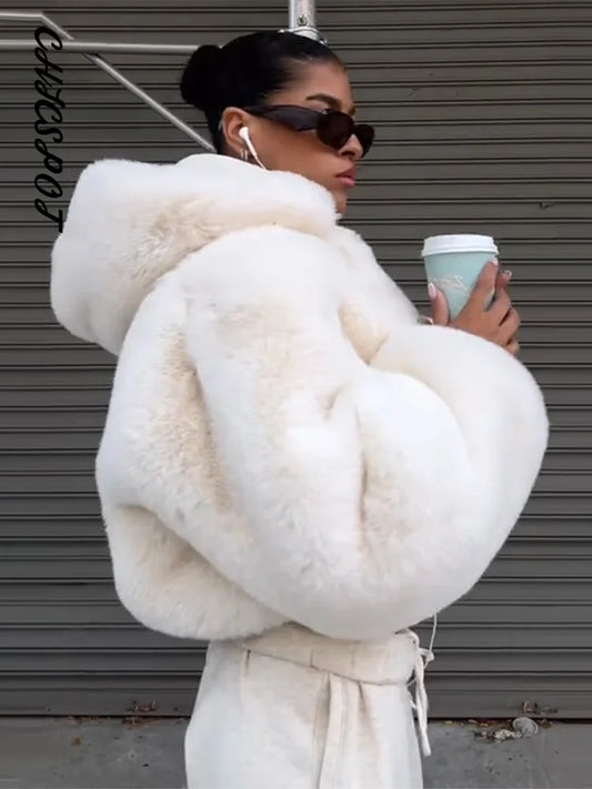 Women's Hooded Faux Fur Zip Jacket