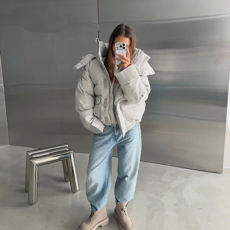 Casual Women's Puffy Hooded Cotton Coat Loose Long Sleeve Pockets Zipper Padded Coats 2026 Winter Lady Drawstring Warm Jackets