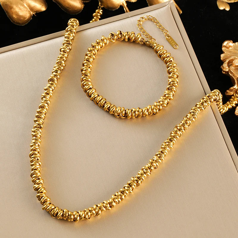 EILIECK 316L Stainless Steel Metal 2-Color Chain Necklace Bracelet Set For Women Fashion Punk Collar Waterproof Jewelry New Gift