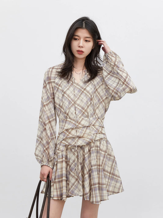 CHIC VEN Fashion Women Dresses V Neck Loose Casual New A Line Lace Up Long Sleeved Plaid Dress Puff Sleeve Spring Autumn 2026