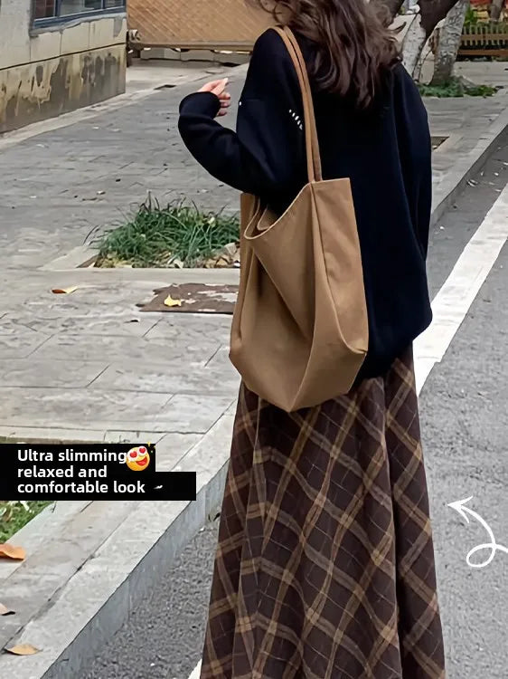 Retro Plaid Woolen Skirt Women's Autumn Winter High Waist Slim A-Line Midi Skirt Elegant Fashionable Ladies' Skirt