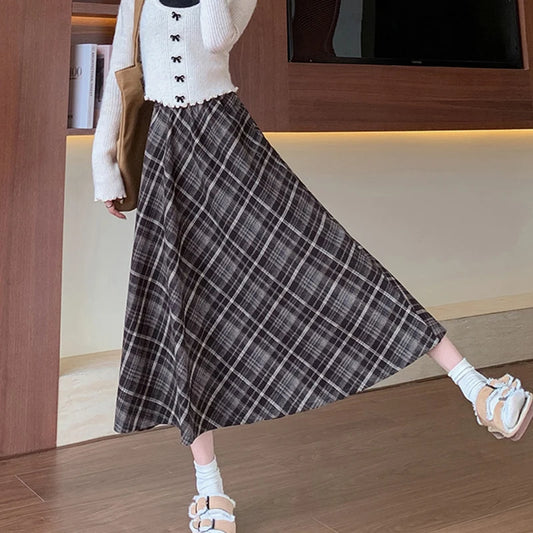 Women's Plaid Pleated A-Line Long Skirt