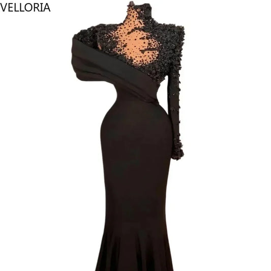 Formal Black Women's Evening Gown High Neck Long Sleeved Mermaid Formal Occasion Gown Luxury Beaded Pleated Ball Gown Customized