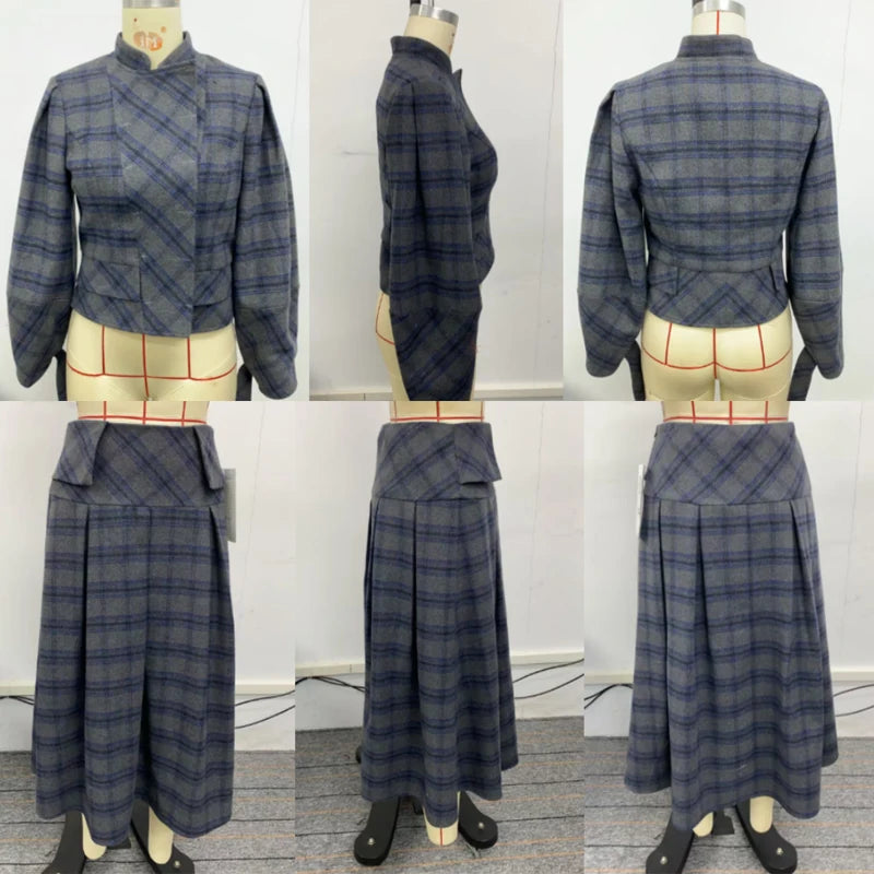 Women Vintage Plaid Office Party 2 Piece Sets Stand Collar Double Breasted Bubble Sleeves Jacket & High Waisted Midi Skirt Suits