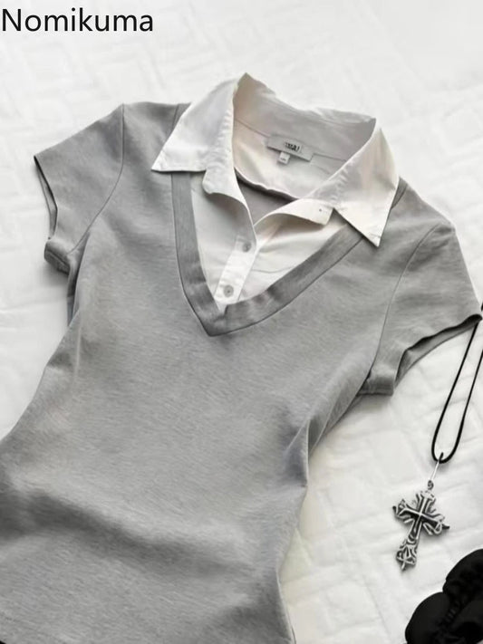 Women's Contrast-Collar Short-Sleeve Top