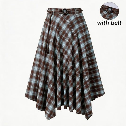 Plus-Size Women's Vintage Color-Blocked Plaid Elegant Skirt, with an Asymmetrical Hem and Retro Belt, Suitable for Casual Wear in Autumn, Winter, and Summer