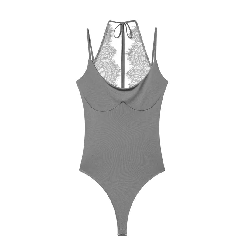 Women's Bodysuit 2026 New Fashion Spring Summer Brown Spliced Lace Bodysuit for Women Chic Personality Spaghetti Strap Bodysuit