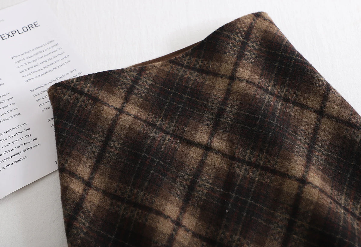 Harajuku Vintage Plaid Coffee Brown Woolen Midi Skirt For Women Tassel High-waist A-line Skirt Trendy Winter Office Commut Outfi
