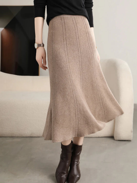 Grace Women's Skirt 100% Merino Wool Skirt Hip Hugging A-Line Wave Skirt Knitted Warm Autumn Winter Dress Slim Office Lady Skirt