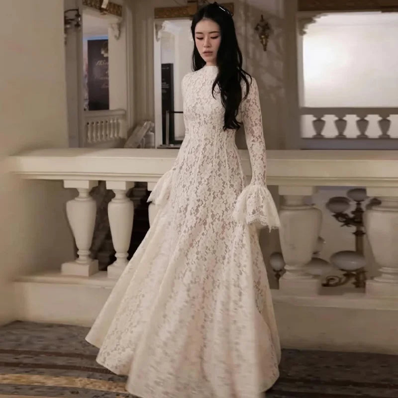 Elegant French Lace Maxi Dress Modest Vintage Trendy Women's Dresses Evening Party Wedding Guest Formal Street Soft Wear