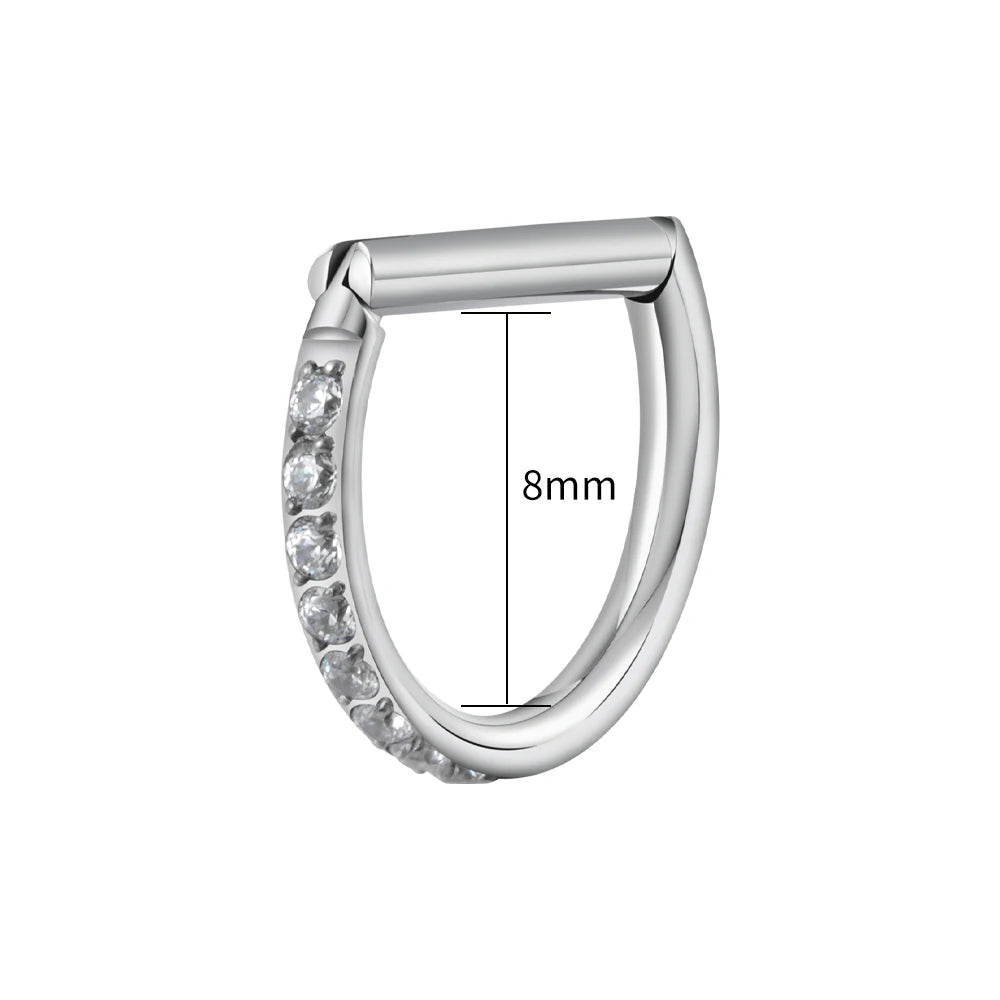 Right Grand ASTM F136 Titanium D Shape Septum Ring with CZ 16G Hinged Segment Clicker Hoop Conch Helix Piercing Body Jewelry