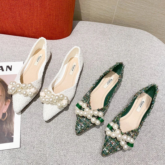 Flat Shoes for Women 2025 Spring Summer New Big Pearls Green White Women Flats Slip on Casual Loafers Zapatillas Mujer 44 45 46