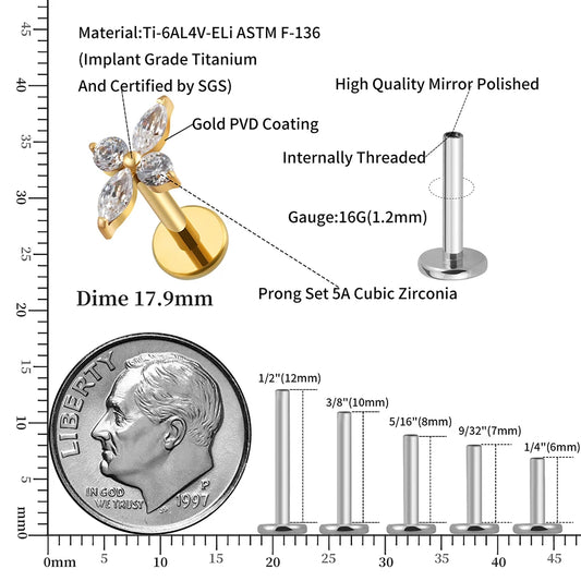 Right Grand ASTM F136 Titanium CZ Four-Point Star Flat Back Stud Earring Helix Cartilage Monroe Medusa Tragus Piercing