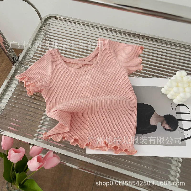 Girls T-Shirt Summer Children Short Sleeved Thin Soft Tops Simple Solid Color Casual Kids Clothing 2-6 Years Sweet Shirtthing