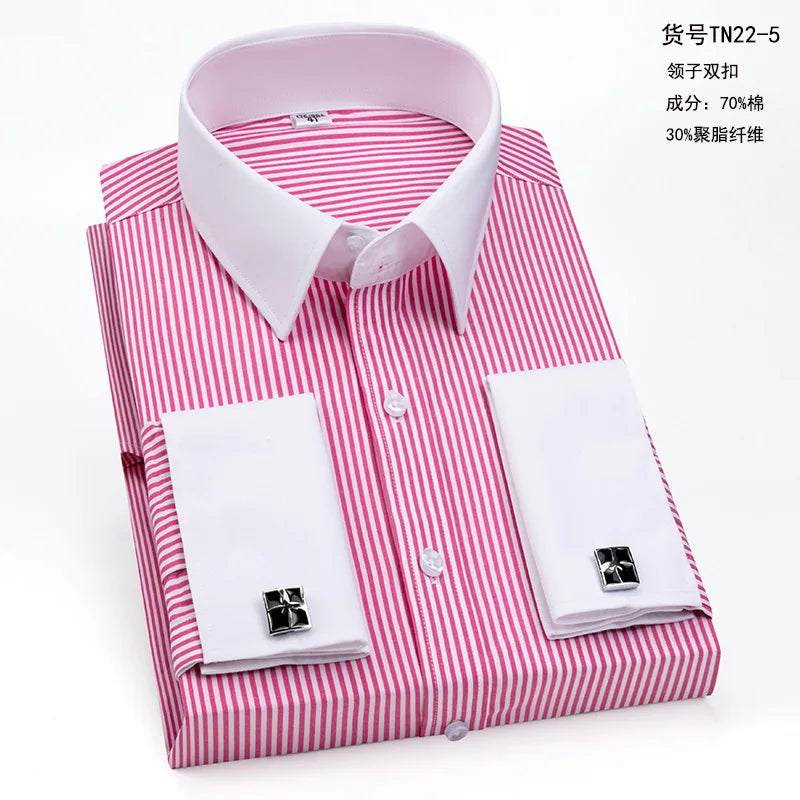 2026 Men's French Cufflink Shirt Slim-fit Colored Collar Business Dress Men's Long Sleeve Striped Shirt Collar