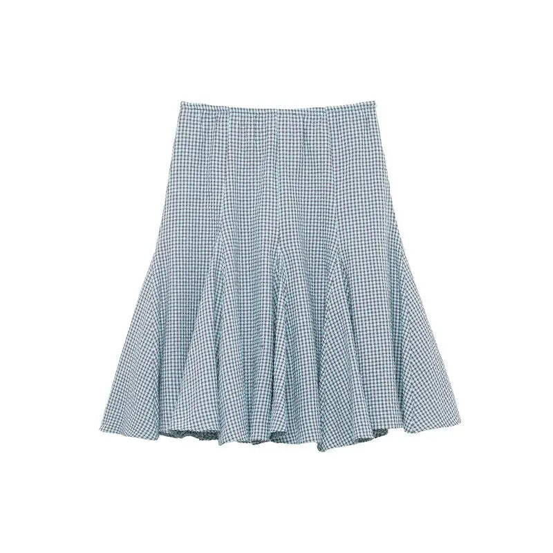 Low Waist Plaid Cloth Half Skirt Spring New Arrival Women's Fashion Gingham Design Loose Fit Midi Skirt