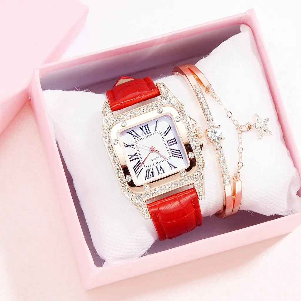 Women Diamond Watch Starry Square Dial Bracelet Watches Set Ladies Leather Band Quartz Wristwatch Female Clock Zegarek Damski