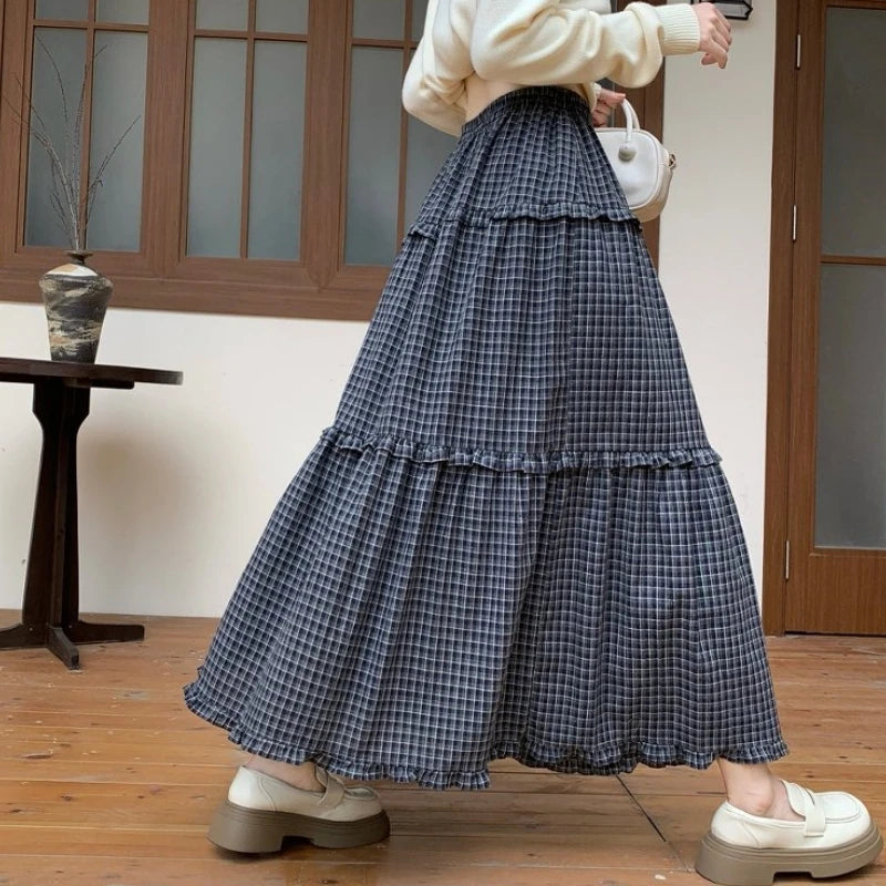 Qiukichonson 100%Cotton Plaid Skirt Women 2026 Spring Autumn Korean Casual High Waisted A-Line Ruffles Midi Long Maxi Skirts rok