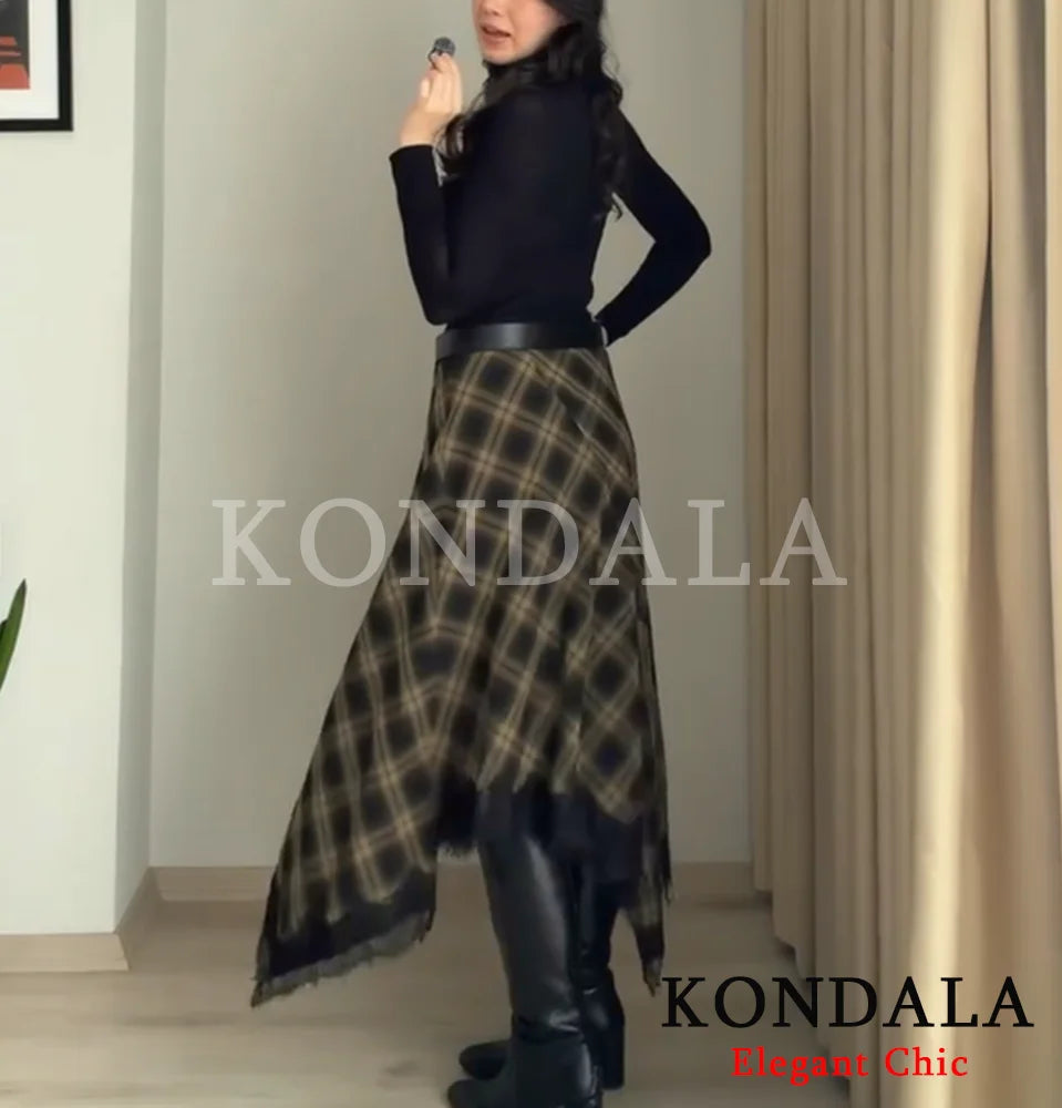 KONDALA Vintage Chic Lady Midi Skirt Plaid Lace Long Skirt Women New 2026 Spring Summer Elegant Commute Dinner Party Lady Skirt