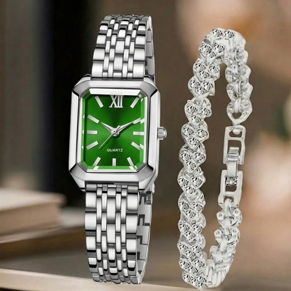 2Pcs/Set Unisex Jewelry Watches Women's Wristwatch Accessories Silver Blue Fashion Trendy Business Elegant Classic Exquisite Retro Light Luxury Rhinestone Luxury Bracelet Watch Set Suitable for Travel, Daily Outfits, Y2K Perf