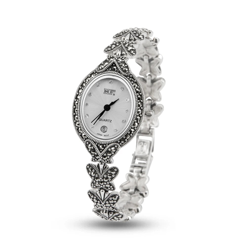 Solid 925 Sterling Silver Thailand Silver Marcasite Butterfly Style Luxury Wrist Watches Jewelry Women's Quartz Watches Bracelet